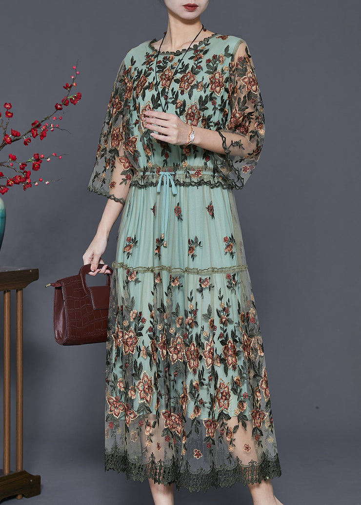 Natural Green Embroidered Tulle Robe Dresses Summer