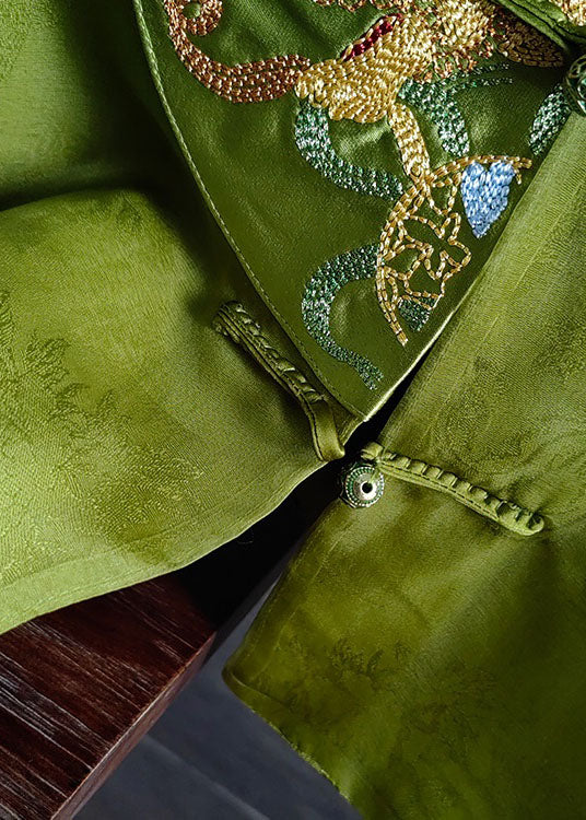 Natural Green Embroideried Patchwork Silk Vest Sleeveless