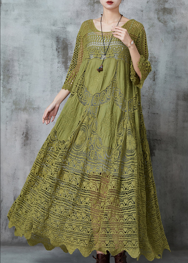 Natural Green Hollow Out Exra Large Hem Cotton Dress Summer