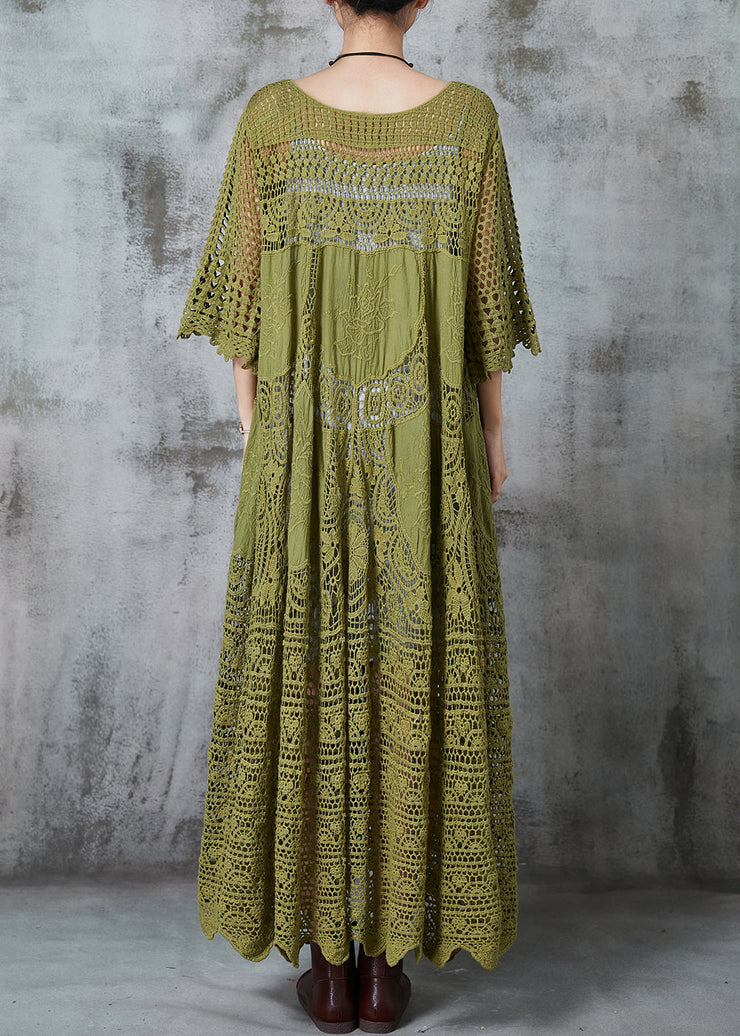 Natural Green Hollow Out Exra Large Hem Cotton Dress Summer