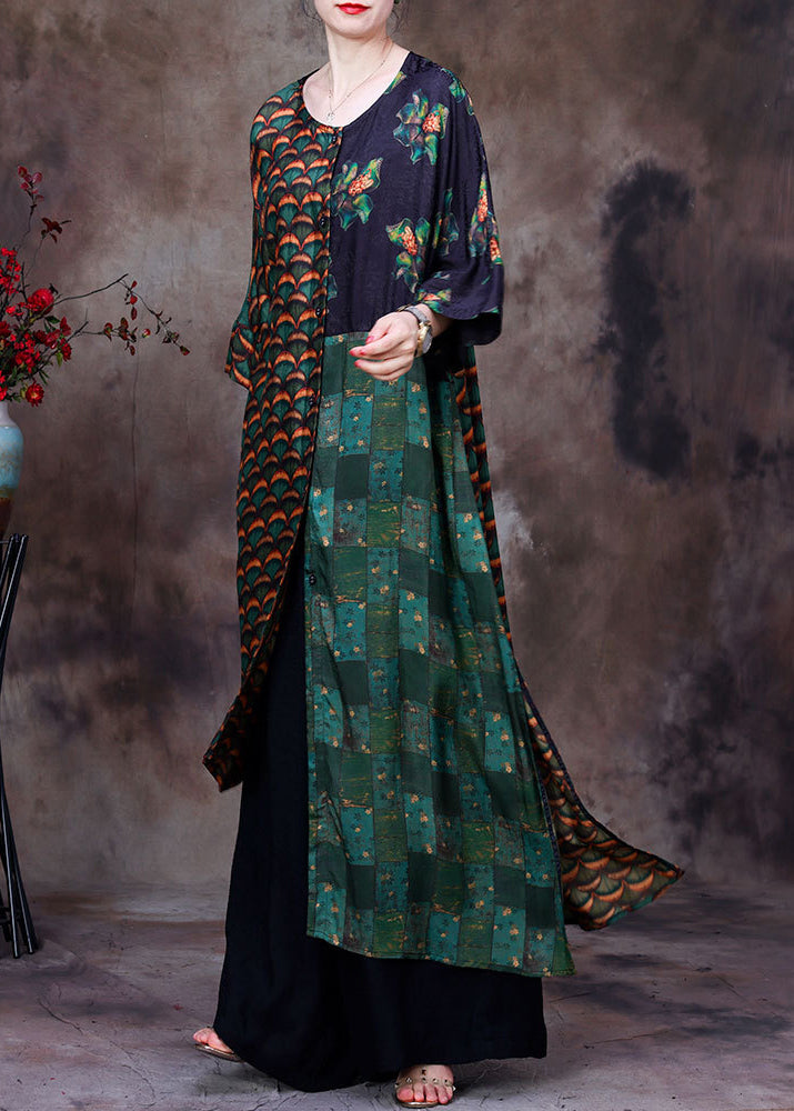 Natural Green O-Neck Asymmetrical Print Patchwork Silk Cardigans And Wide Leg Pants Two Pieces Set Long Sleeve