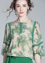 Natural Green O Neck Lace Patchwork Print Silk T Shirt Spring