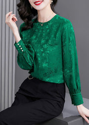 Natural Green O Neck Patchwork Jacquard Silk Shirt Tops Spring