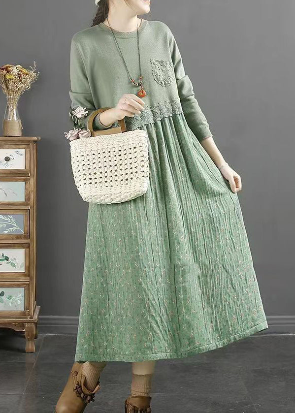 Natural Green O Neck Print Lace Patchwork Cotton Dresses Fall