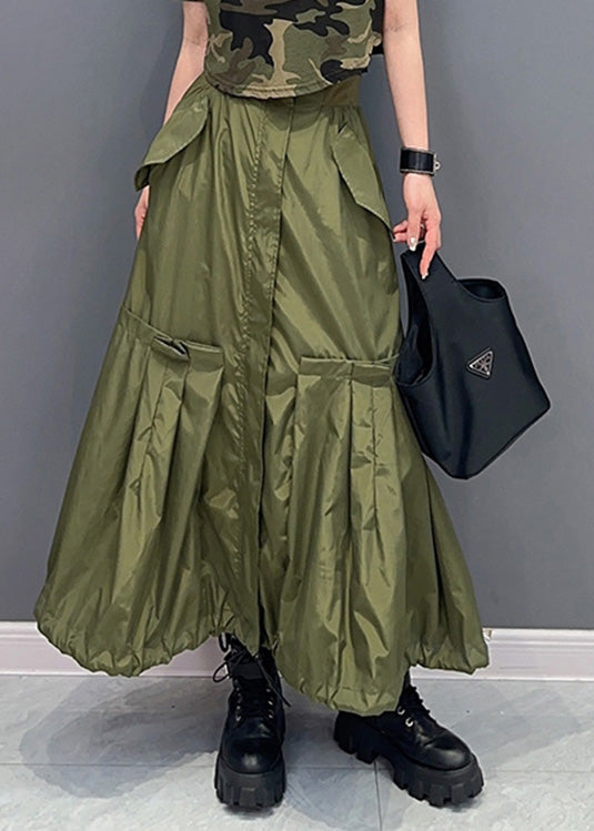 Natural Green Patchwork Elastic Waist Solid Long Skirts Summer