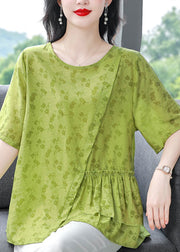 Natural Green Print Asymmetrical Patchwork Linen Blouses Summer
