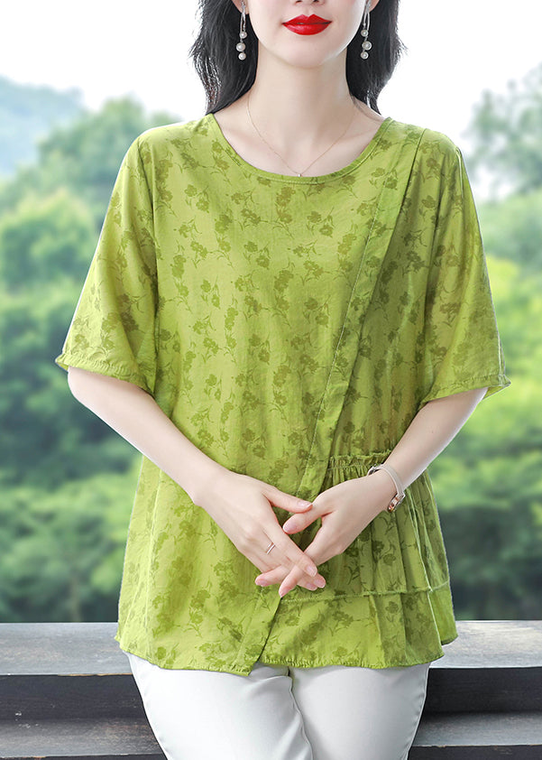 Natural Green Print Asymmetrical Patchwork Linen Blouses Summer