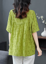 Natural Green Print Asymmetrical Patchwork Linen Blouses Summer