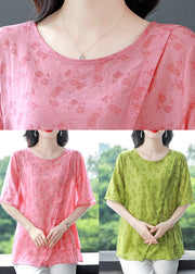 Natural Green Print Asymmetrical Patchwork Linen Blouses Summer