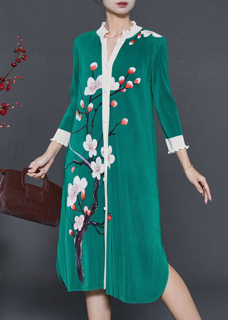 Natural Green Print Side Open Silk Robe Dresses Fall