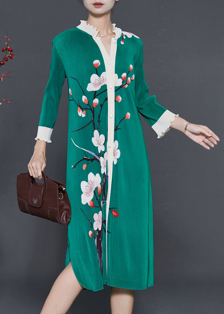 Natural Green Print Side Open Silk Robe Dresses Fall