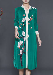 Natural Green Print Side Open Silk Robe Dresses Fall