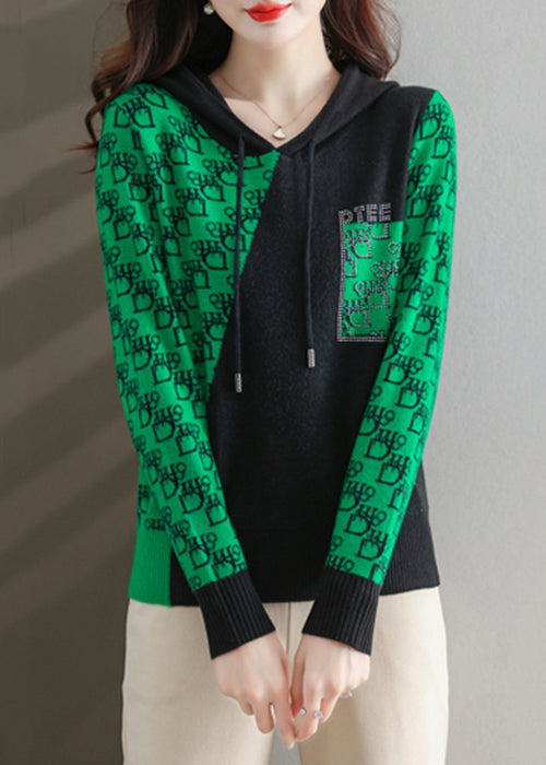 Natural Green Print Zircon Patchwork Cotton Knit Sweatshirt Fall