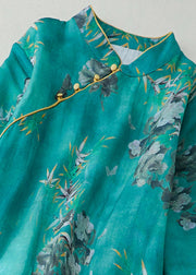 Natural Green Stand Collar Print Button Long Dress Short Sleeve