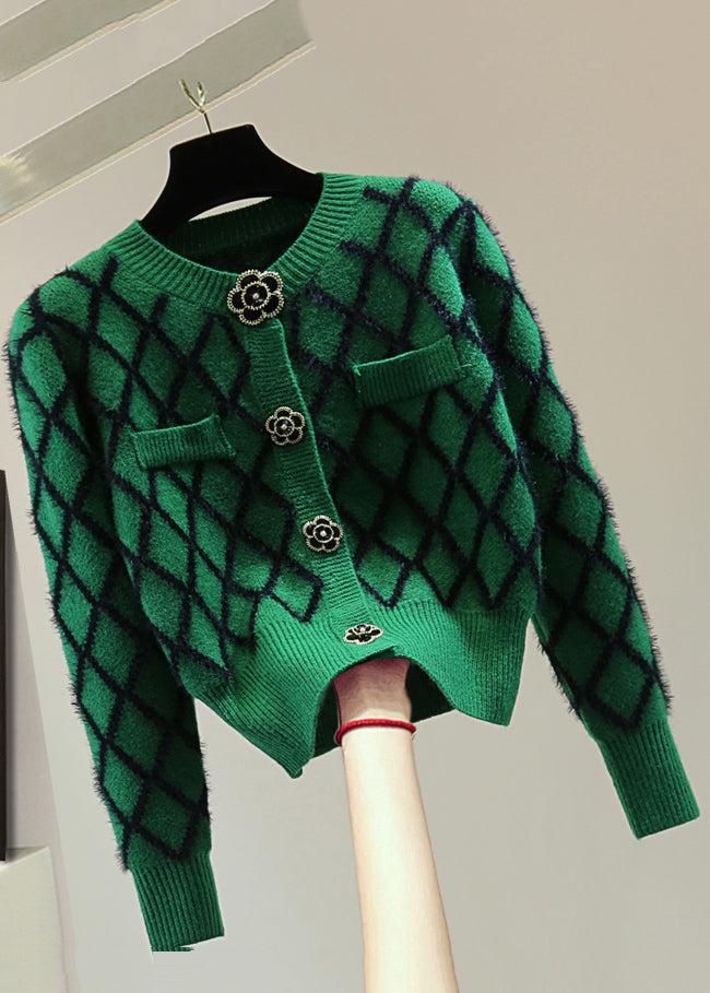 Natural Green Striped Patchwork Cotton Knitted Sweaters Winter