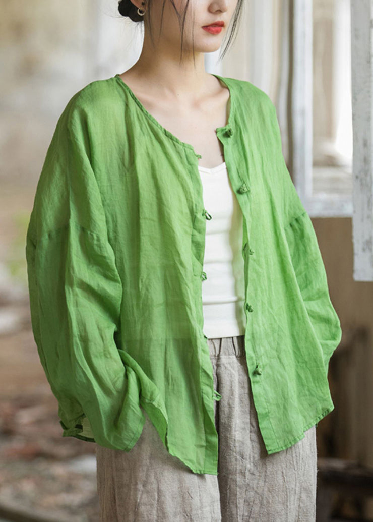 Natural Green Tops Button O-Neck Solid Ramie Fall