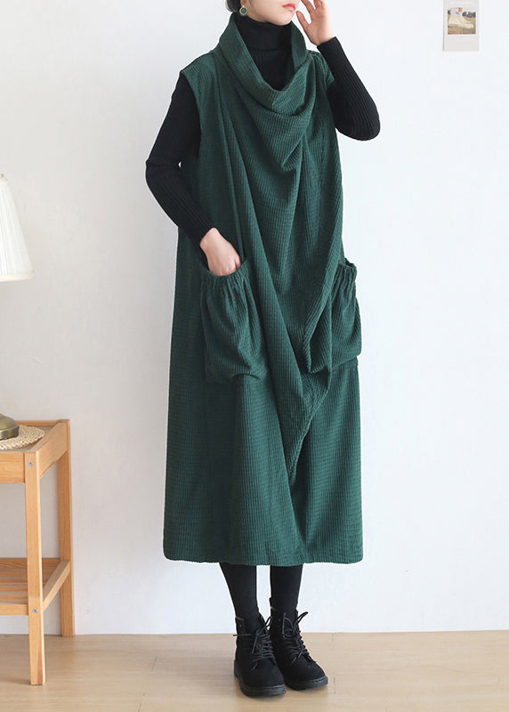 Natural Green Turtleneck Pockets Knit Cotton Dress Sleeveless