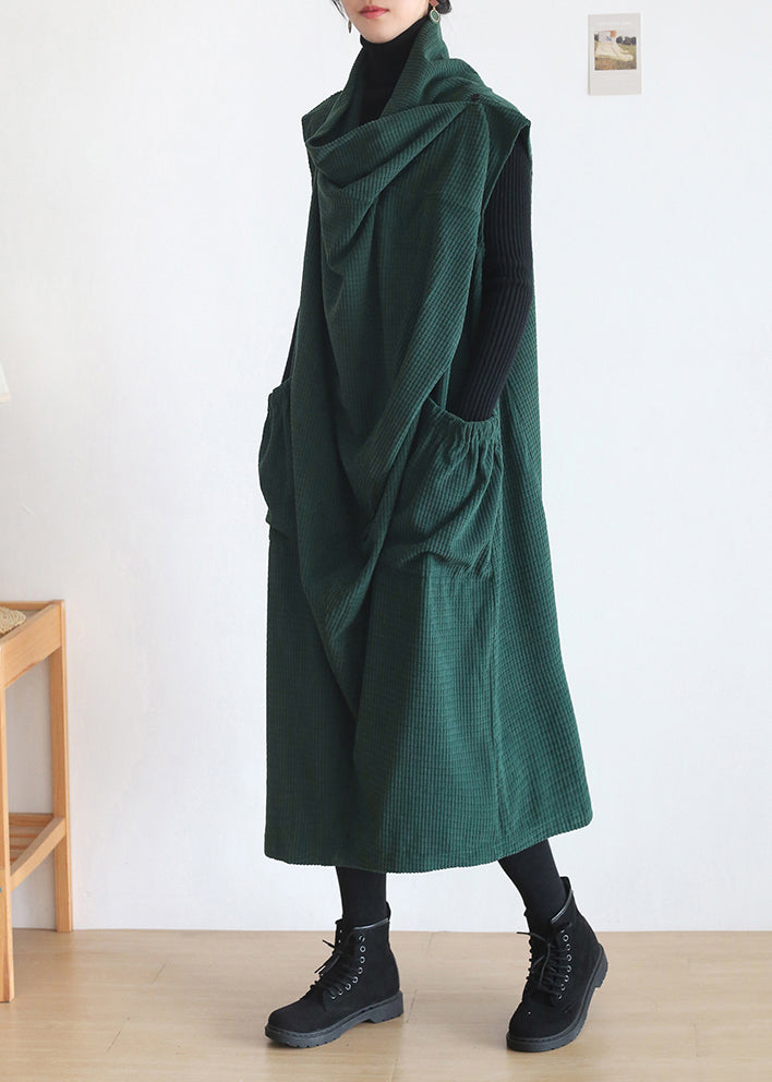 Natural Green Turtleneck Pockets Knit Cotton Dress Sleeveless