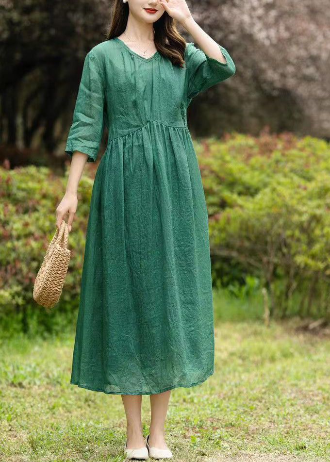 Natural Green V Neck Embroideried Patchwork Linen Dresses Summer