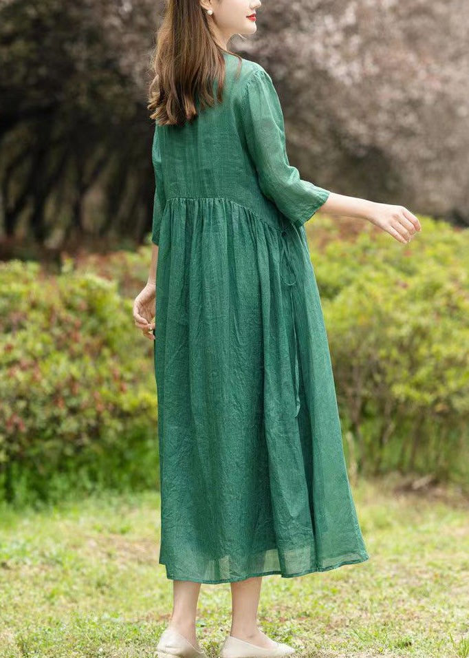 Natural Green V Neck Embroideried Patchwork Linen Dresses Summer