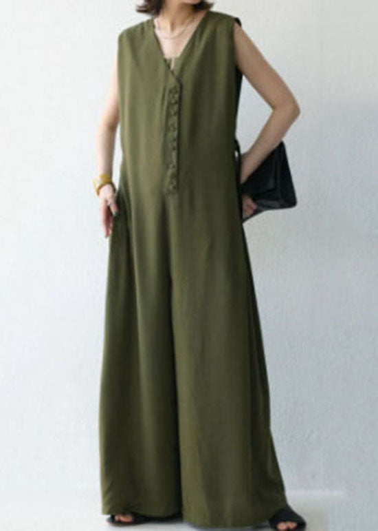 Natural Green V Neck Patchwork Cotton Wide Leg Jumpsuit Spring