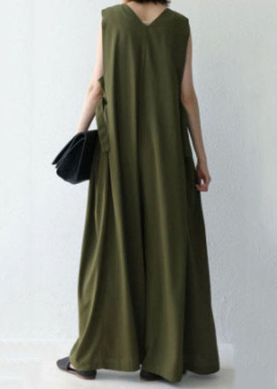 Natural Green V Neck Patchwork Cotton Wide Leg Jumpsuit Spring