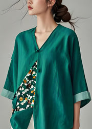 Natural Green V Neck Print Asymmetrical Cotton Top Summer