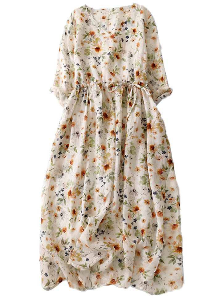 Natural Green V Neck Print Drawstring Cotton Long Dresses Summer