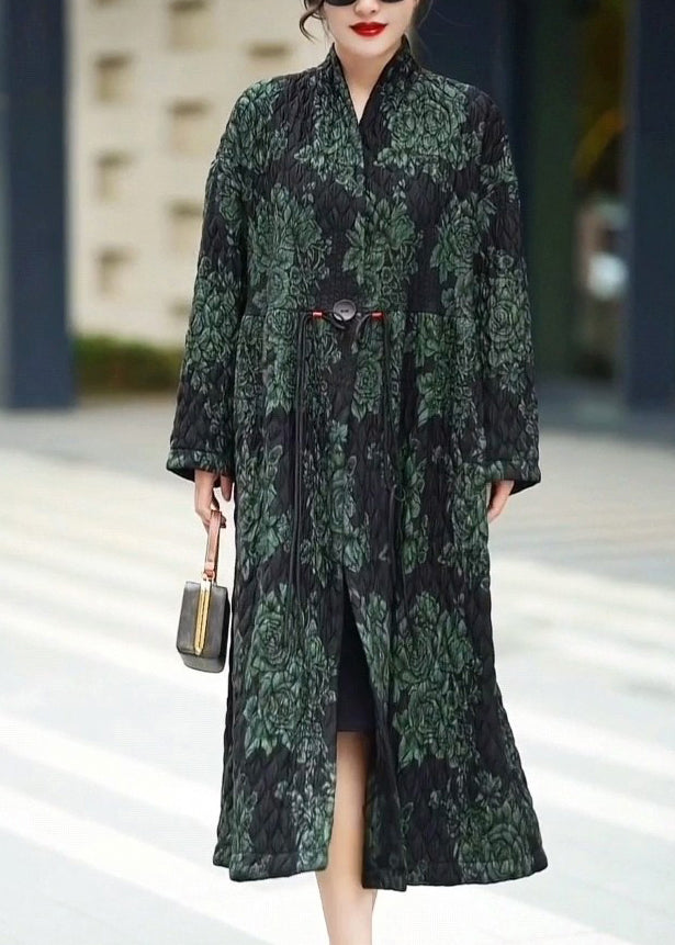 Natural Green V Neck Print Patchwork Button Long Coats Winter