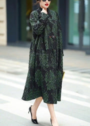 Natural Green V Neck Print Patchwork Button Long Coats Winter