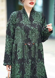 Natural Green V Neck Print Patchwork Button Long Coats Winter