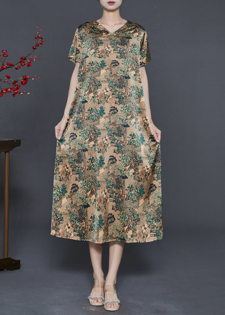 Natural Green V Neck Print Silk Vacation Dresses Summer