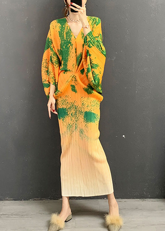 Natural Green V Neck Print Wrinkled Silk Long Dress Long Sleeve