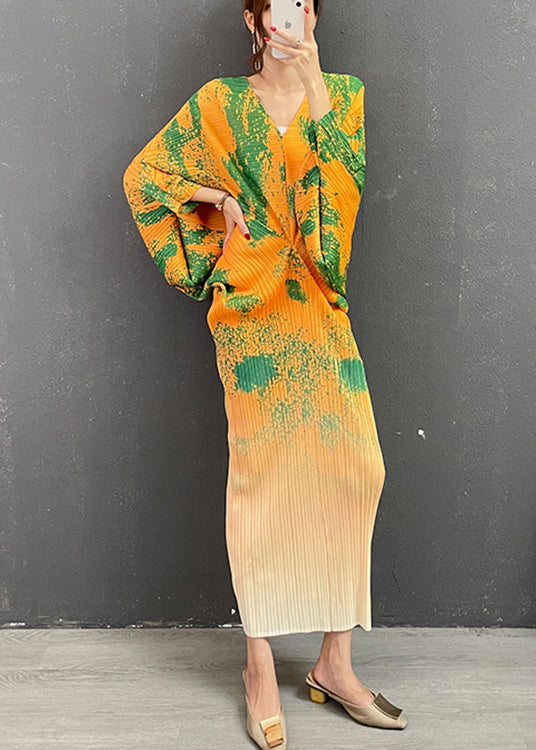 Natural Green V Neck Print Wrinkled Silk Long Dress Long Sleeve