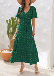 Natural Green V Neck Tie Waist Print Chiffon Dress Summer