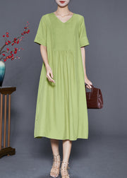 Natural Green V Neck Wrinkled Cotton Maxi Dresses Summer