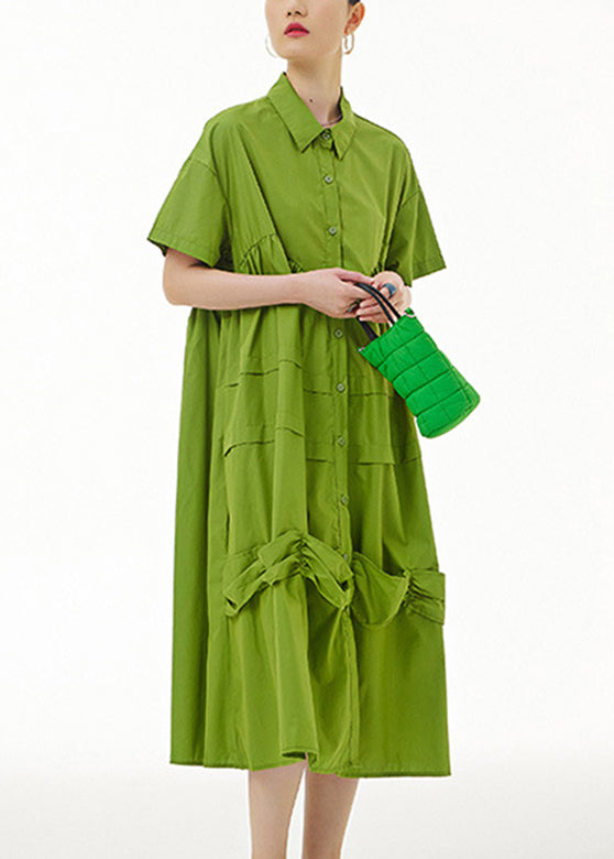 Natural Green Wrinkled Button Maxi Dress Summer