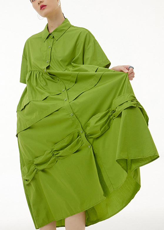 Natural Green Wrinkled Button Maxi Dress Summer