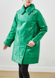 Natural Green Zip Up Patchwork Duck Down Faux Leather Coats Winter