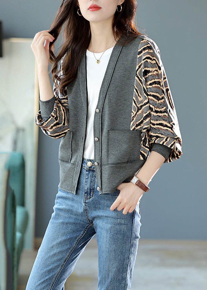 Natural Grey Leopard Patchwork V Neck Print Coat Fall