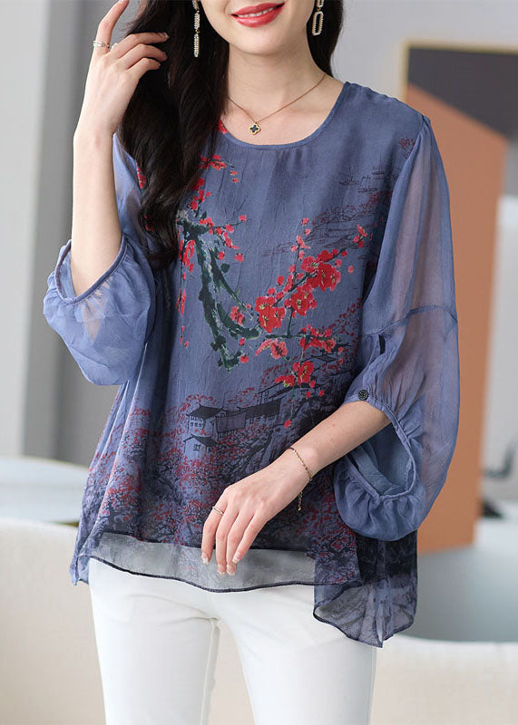 Natural Grey O Neck Print Patchwork Chiffon Shirt Tops Lantern Sleeve