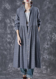 Natural Grey Oversized Plaid Cotton Shirt Dresses Fall