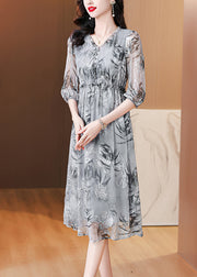 Natural Grey V Neck Ruffled Print Silk Dress Summer