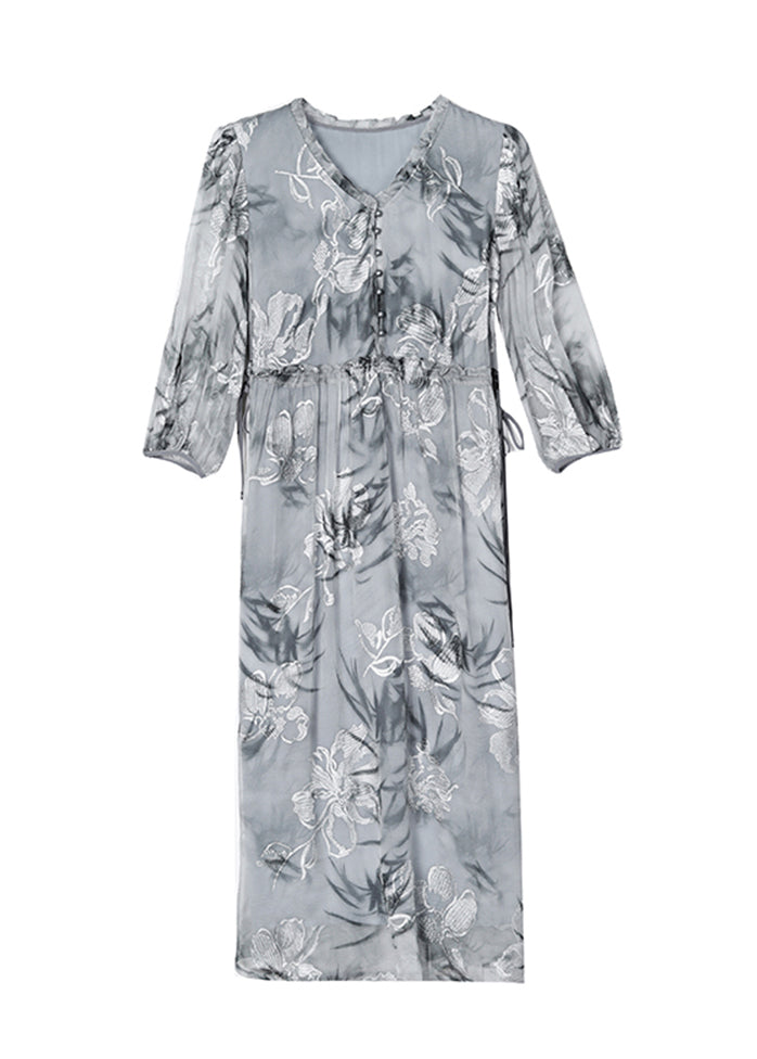Natural Grey V Neck Ruffled Print Silk Dress Summer