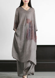 Natural Grey V Neck Side Open Ramie Long Dress And Wide Leg Pants Summer