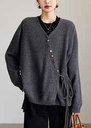 Natural Grey V Neck Wool Knit Cardigans Spring