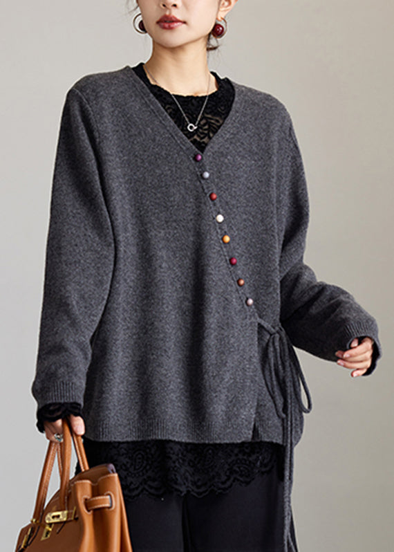 Natural Grey V Neck Wool Knit Cardigans Spring