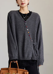 Natural Grey V Neck Wool Knit Cardigans Spring