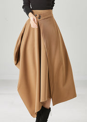 Natural Khaki Asymmetrical Pockets Spandex Skirts Fall