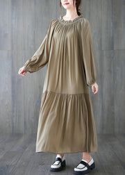 Natural Khaki Wrinkled Drawstring Chiffon Long Dress Long Sleeve